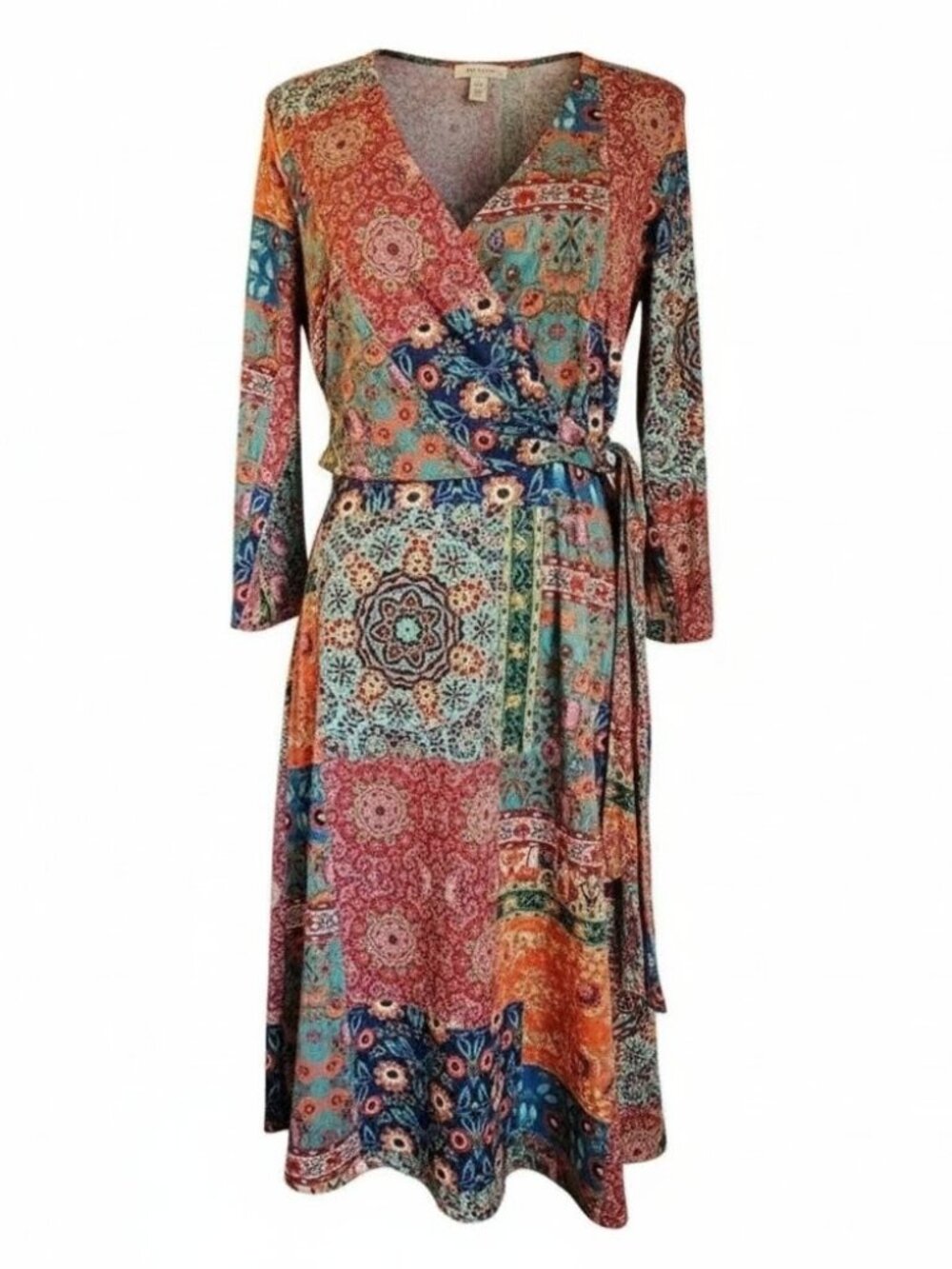 NEW Sunny Leigh Women’s M Boho Patchwork Floral Wrap Dress Tie Waist Knee Length